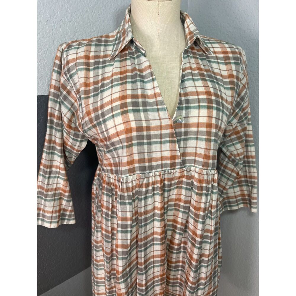 NWT Cousin Earl Flounce Plaid Babydoll Mini Dress S Brown Country Cottagecore - Picture 2 of 11
